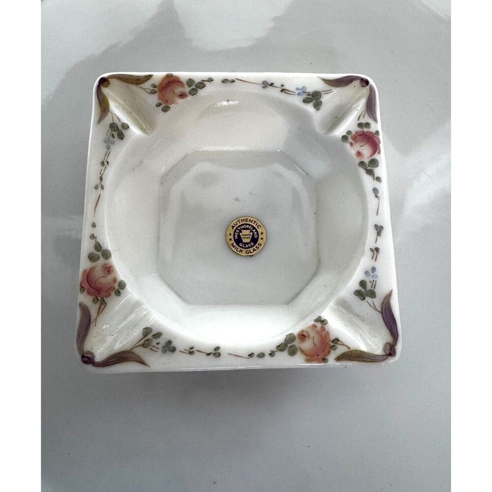 Vintage Westmoreland milk glass ashtray; painted roses